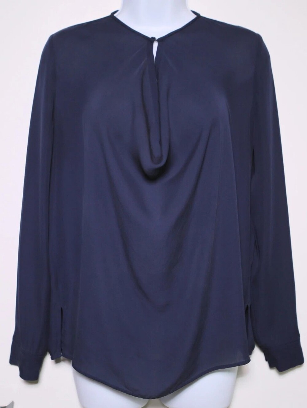 Vince 100% Silk Navy Long-Sleeve Keyhole Drape Blouse Size 4